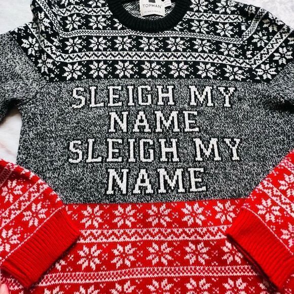 Topman Womens Red and Black Fair Isle Sleigh My Name Christmas Sweater Large - Picture 3 of 6